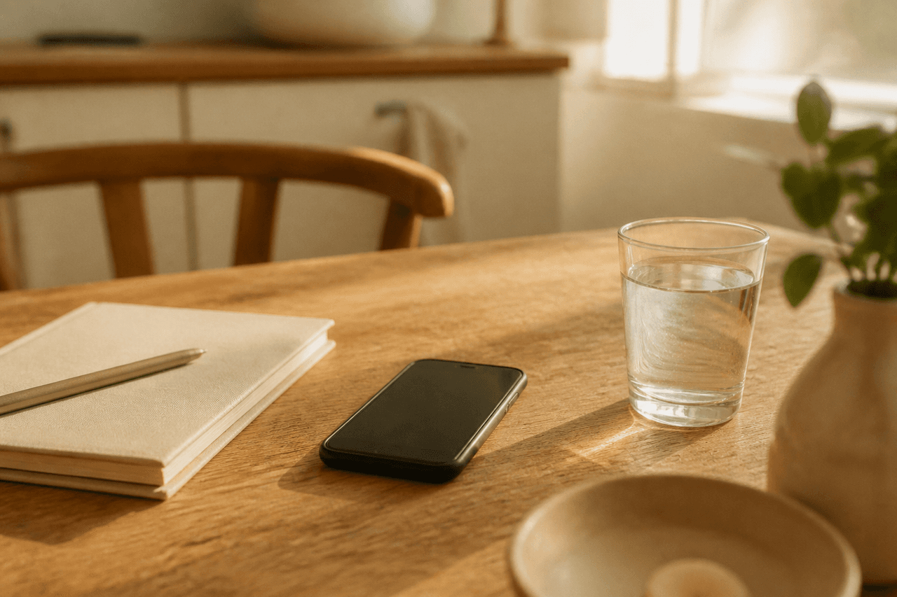 A phone resting on a wooden kitchen table beside a notebook — the quiet moment before a first call