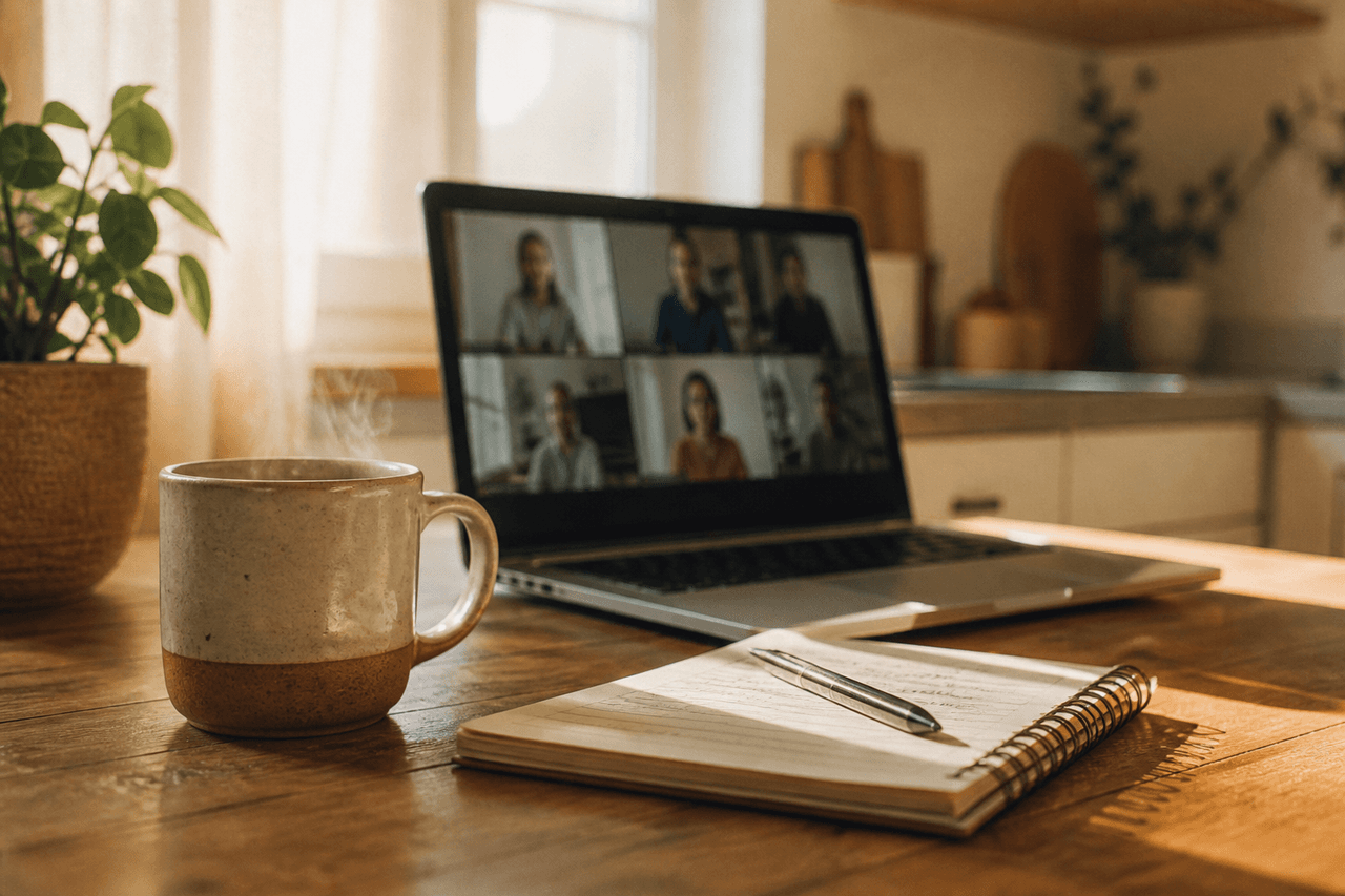 A kitchen table with coffee and a laptop open to a virtual group session