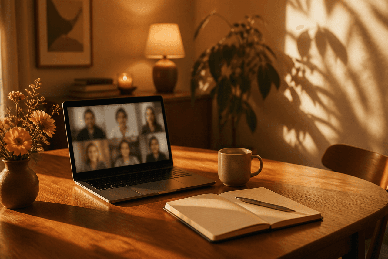 A laptop open to a virtual group session on a wooden dining table in warm evening light