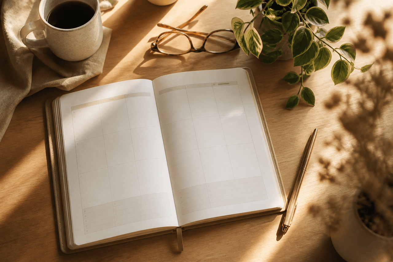 A weekly paper planner open on a wooden desk with coffee and reading glasses