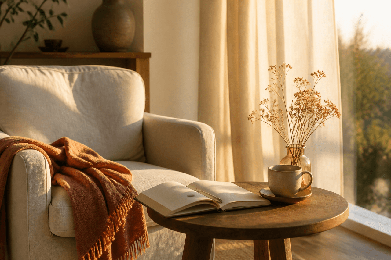 A quiet reading chair with a journal and tea in warm afternoon light — a space for reflection during recovery