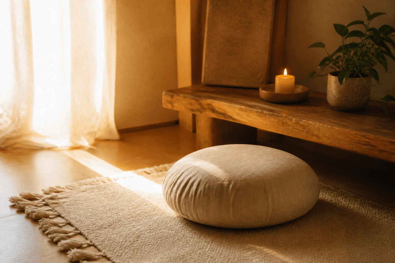 A meditation cushion on a cream rug in soft morning light with a candle nearby